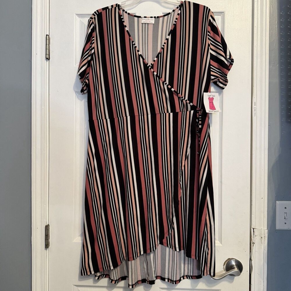 Women’s Super Soft Wrap Dress BLACK WHITE MAUVE PEACH VERT STRIPES V-Neck 3X